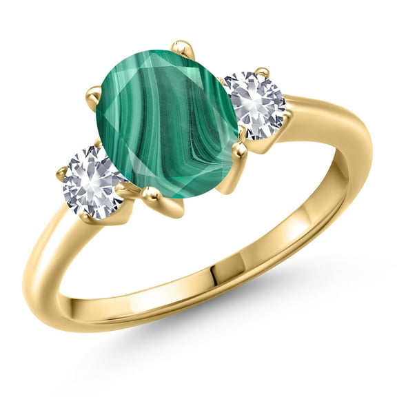 Gem Stone King 10K Yellow Gold Green Malachite and White Created Sapphire Engagement Ring for Women | 3.00 Cttw | Oval 9X7MM | Gemstone Birthstone | Size 9