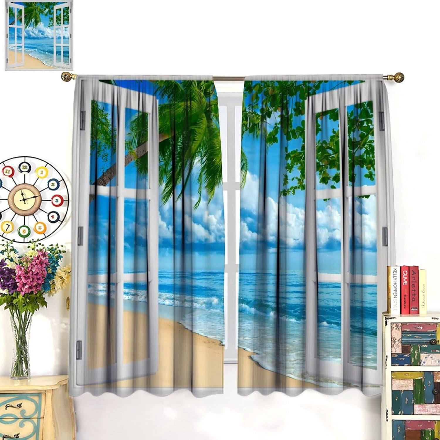 Beach Palm Tree Curtains, Summer Tropical Island Blue Clouds Ocean Nature Landscape Scenic Blackout Window Treatments for Kitchen Bedroom Living Room, 84" W X 84" L