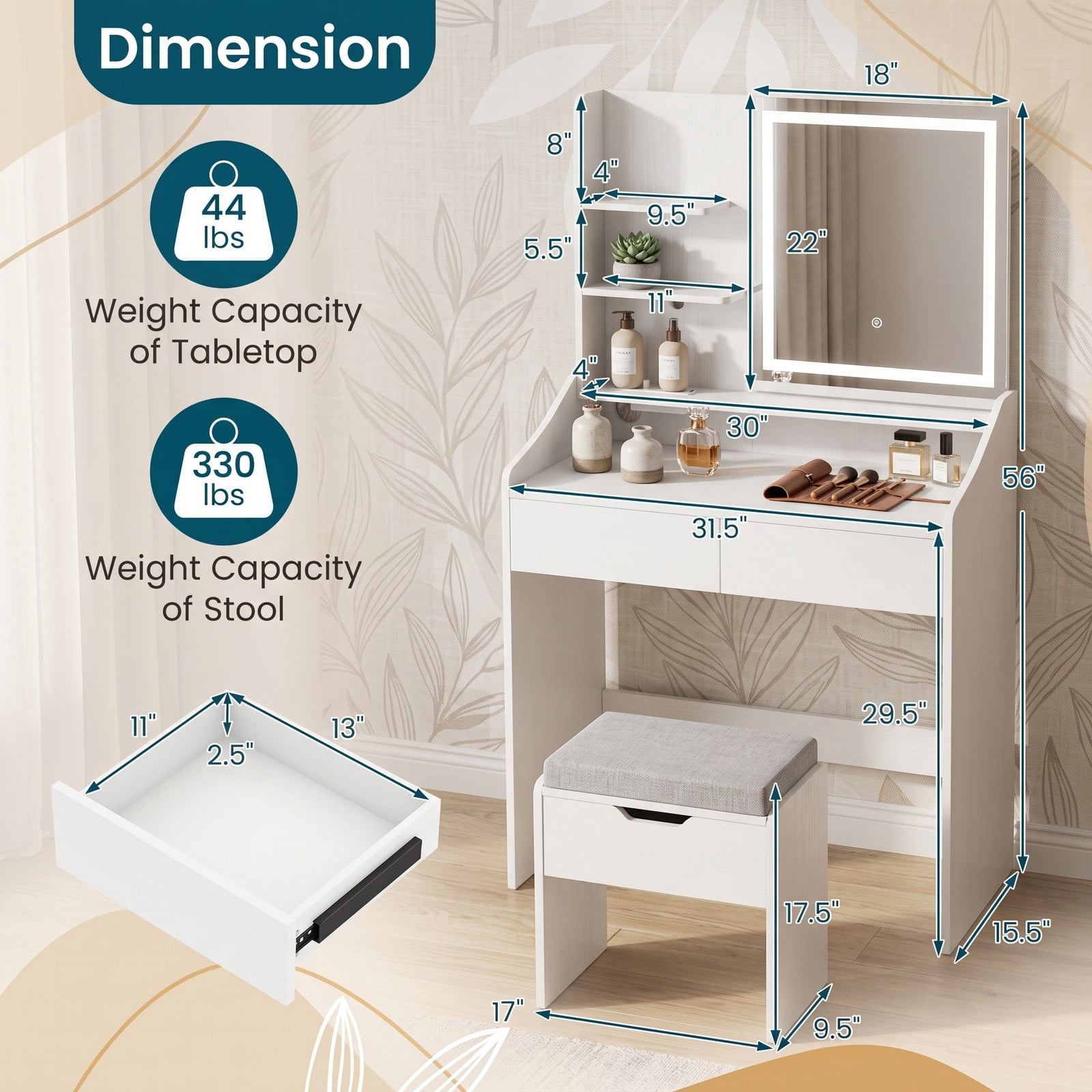 Furnibear Vanity Desk with LED Lighted Mirror and 3 Color Modes and Charging Station and Storage Stool for Bedroom, White