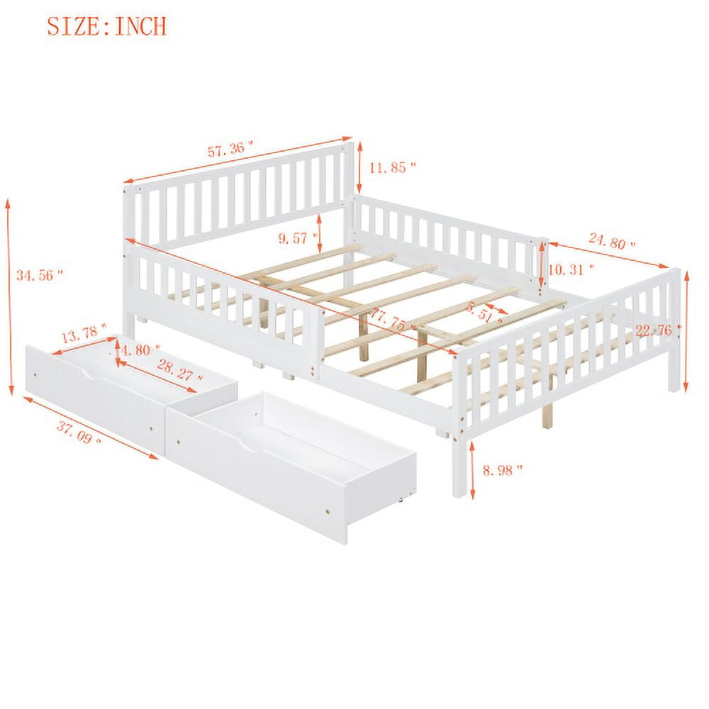 Euroco Wood Full Size Platform Bed with Guardrails and Drawers for Kids Teens Toddlers, White
