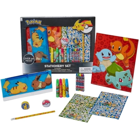 Pokémon Stationery and Art Set – 30+ Piece Gift Pack with Markers Crayons Stickers Pencil Case Erasers & More – Pikachu Eevee Charmander Design