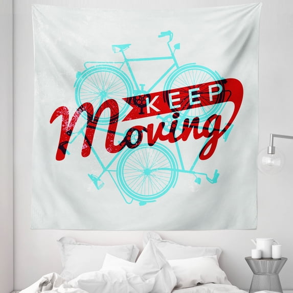 Retro Tapestry, Keep It Moving Phrase Hipster Lifestyle Bicycle Grunge Display, Fabric Wall Hanging Decor for Bedroom Living Room Dorm, 5 Sizes, Sky Blue Red Coconut, by Ambesonne