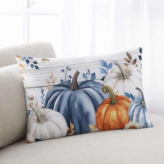 Orange Blue Pumpkins Fall Throw Pillow Covers, Thanksgiving Floral Eucalyptus Soft Breathable Pillow Cases with Zipper for Sleeping, Toddler Pillowcases for Couch Bed Sofa Chair 12x20 Inches
