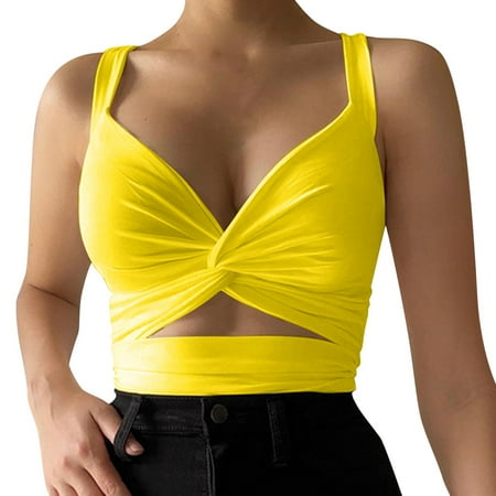 Ploknplq Sports Bras for Women camisole Bra bra Tank Tops for Women strappy Sports Bra for Women casual Sports Cut Elastic Tight Sexy Back Top Suspender Vest brassiere for Women Yellow Xl Red S