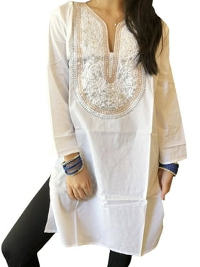 Women Tunic Dress, White Floral SOFT Cotton Tunic, Sequin Embroidered Summer Bohemian Beach Cover L