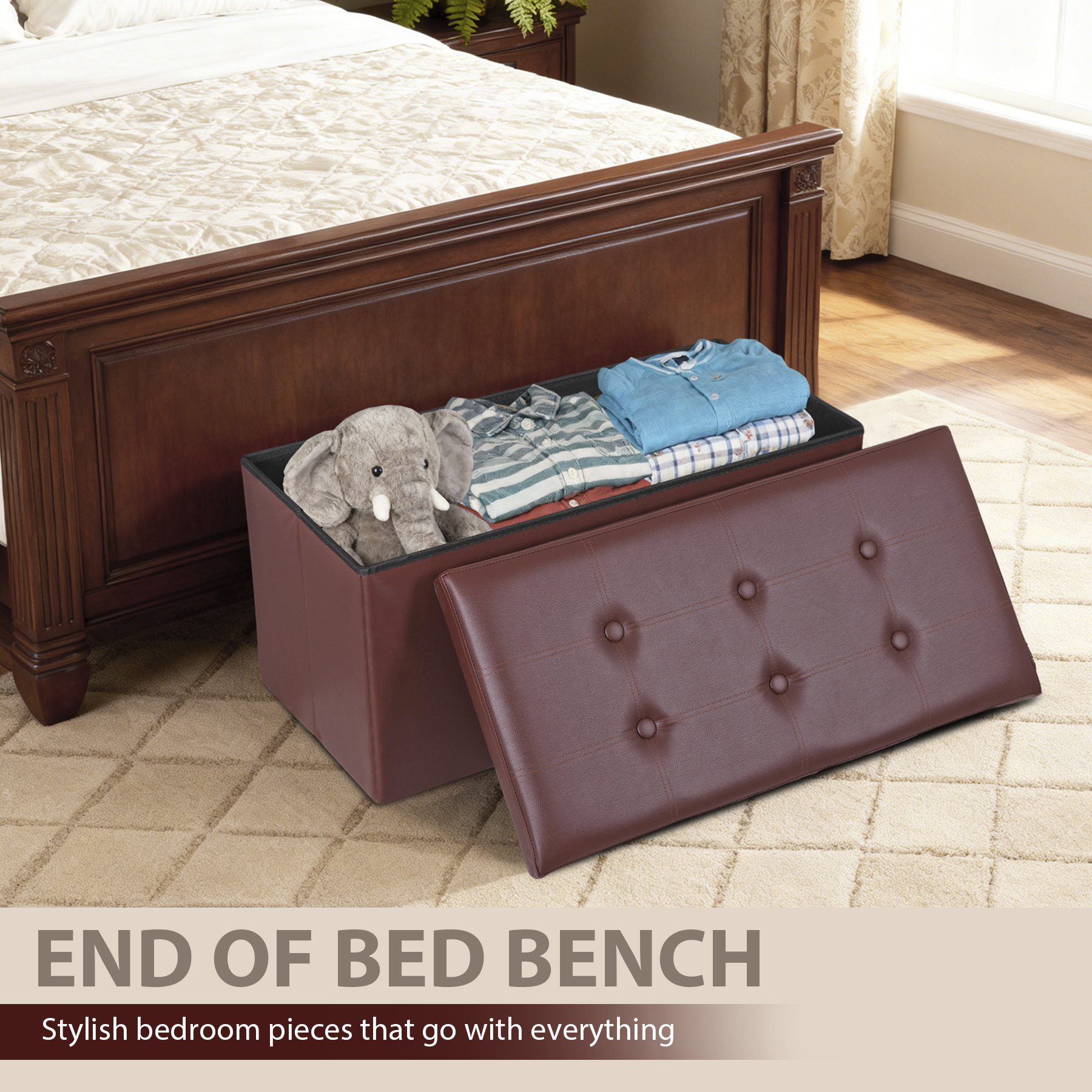 HomGarden 30'' Leather Storage Ottoman Bench Modern Foldable Footrest Padded Seat 350lbs Brown