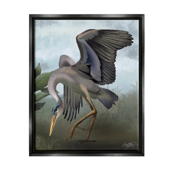 Stupell Industries Dancing Crane Portrait Animals & Insects Painting Black Floater Framed Canvas Art Print Wall Art, 17 x 21
