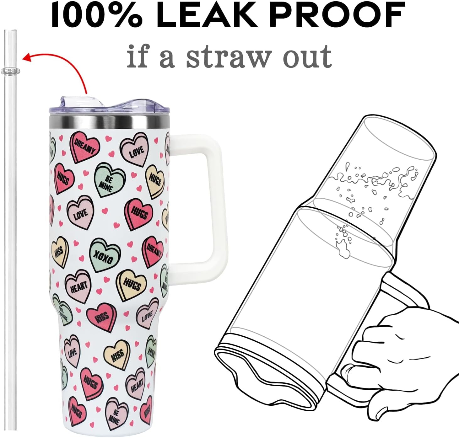 Valentines Day Gifts 40 oz Tumbler with Handle and Straw Lid,Cute Valentine''s Day Gift for Her Women Girlfriend Wife Love Hearts Vacuum Insulated Leak Proof Stainless Steel Coffee Cup Mug