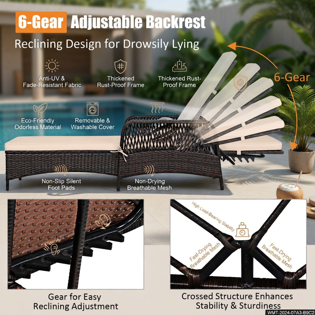 Hommoo Adjustable Outdoor Wicker Chaise Lounge Chair with Weather-Resistant PE Rattan, Cushion & Lumbar Pillow, Patio Recliner for Poolside, Balcony & Garden, Brown