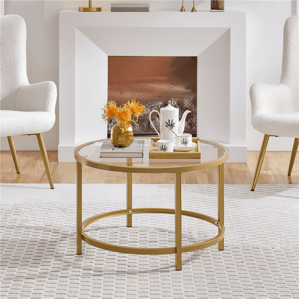 Renwick Modern Glass Top Coffee Table with Adjustable Foot Pads, Gold