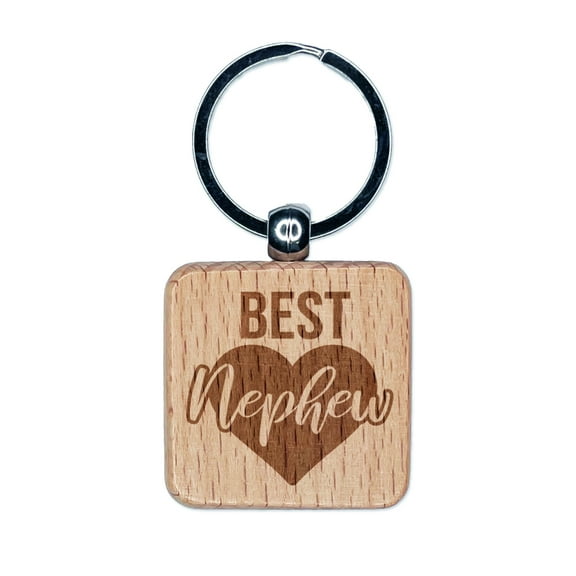 Best Nephew in Heart Square Keychain Charm Tag - Engraved Wood
