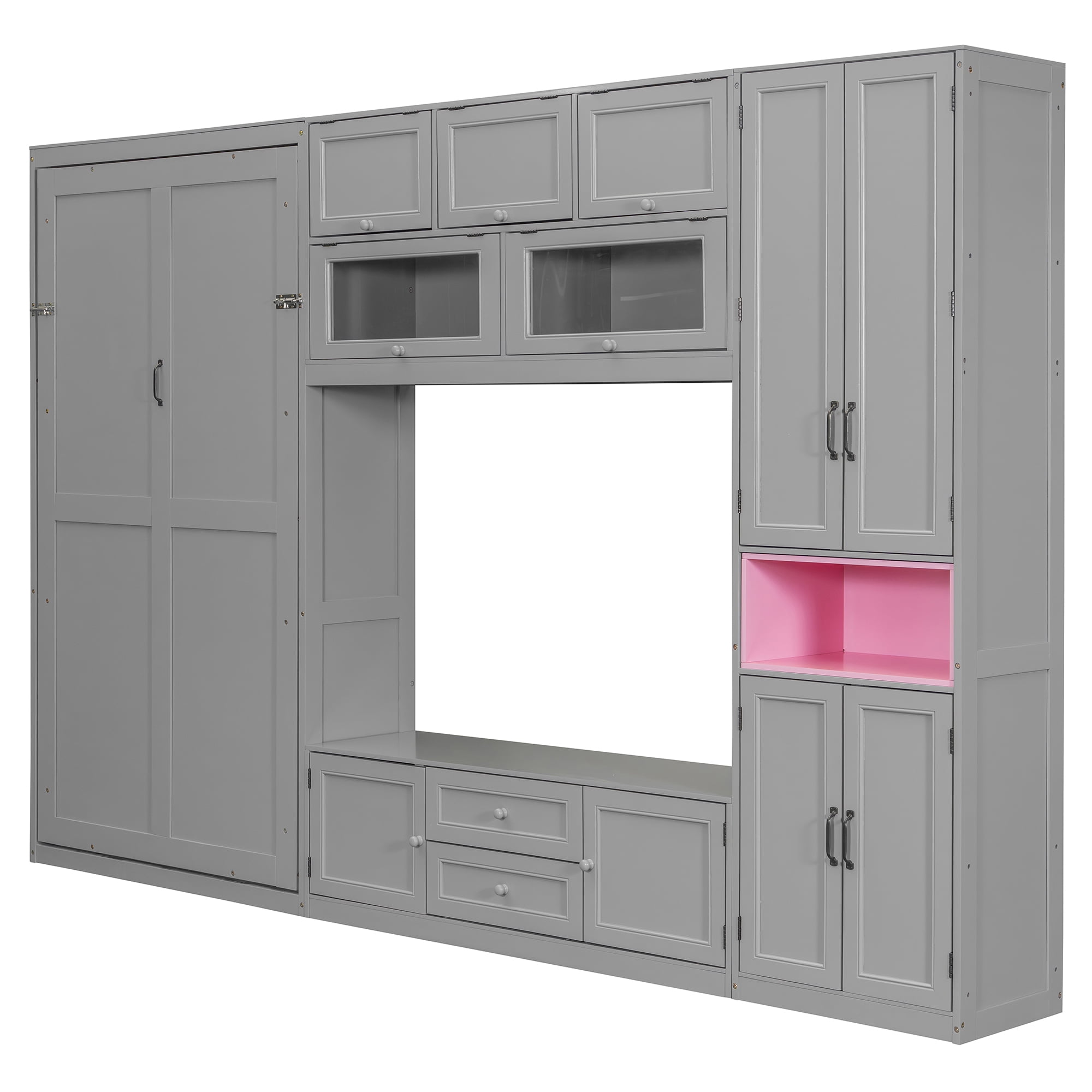 Mintazer Twin Foldable Murphy Bed with 82.3"H Wall Storage Cabinet, Shelves, TV Stand and 2 Drawers & 9 Cabinets for&nbsp;Bedroom Living Room, Gray