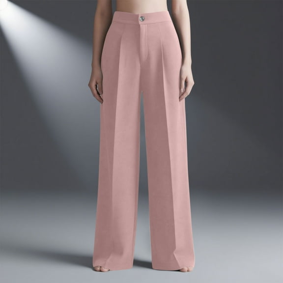 PiGOGI Women's Zipper Button Elastic Waist Straight Wide Leg Pants Casual Business Comfortable Trousers Pink XS