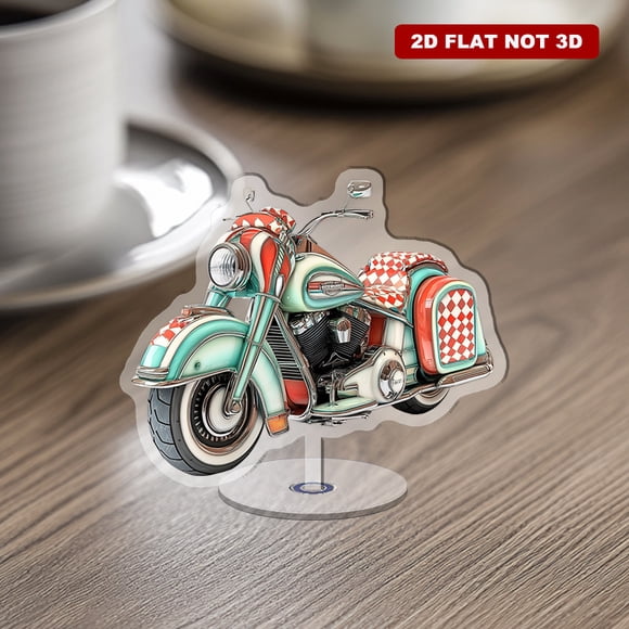 Présentoir Rotatif en Acrylique avec un Harley Davidson Fat Bob avec un Thème vintage des Années 1950 jukebox sidecar et Damier sur Fond Blanc Éclatant
