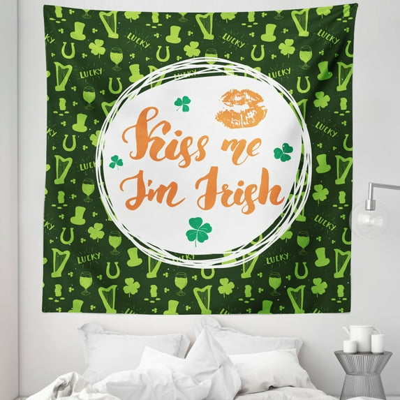 Saying Tapestry, Kiss Me I am Irish Text with Lips and Clovers St Patricks Day, Fabric Wall Hanging Decor for Bedroom Living Room Dorm, 5 Sizes, Apple Green Dark Green, by Ambesonne