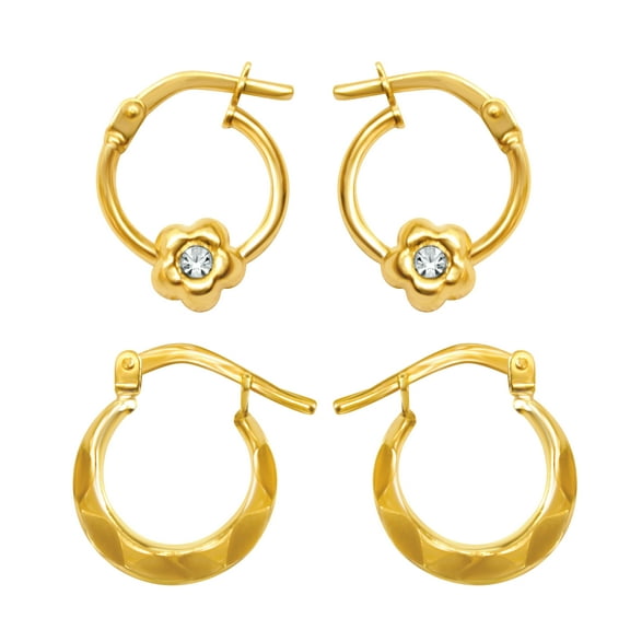 Brilliance Fine Jewelry 10K Gold Filled Crystal Flower and Faceted Hoops Children’s Earrings Set
