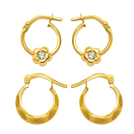 Brilliance Fine Jewelry 10K Gold Filled Crystal Flower and Faceted Hoops Children’s Earrings Set