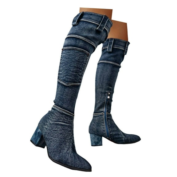 Mepaouo Over The Knee Boots for Women Low Heel Denim Boots Pointed Toe Buckle Cowboy Boots