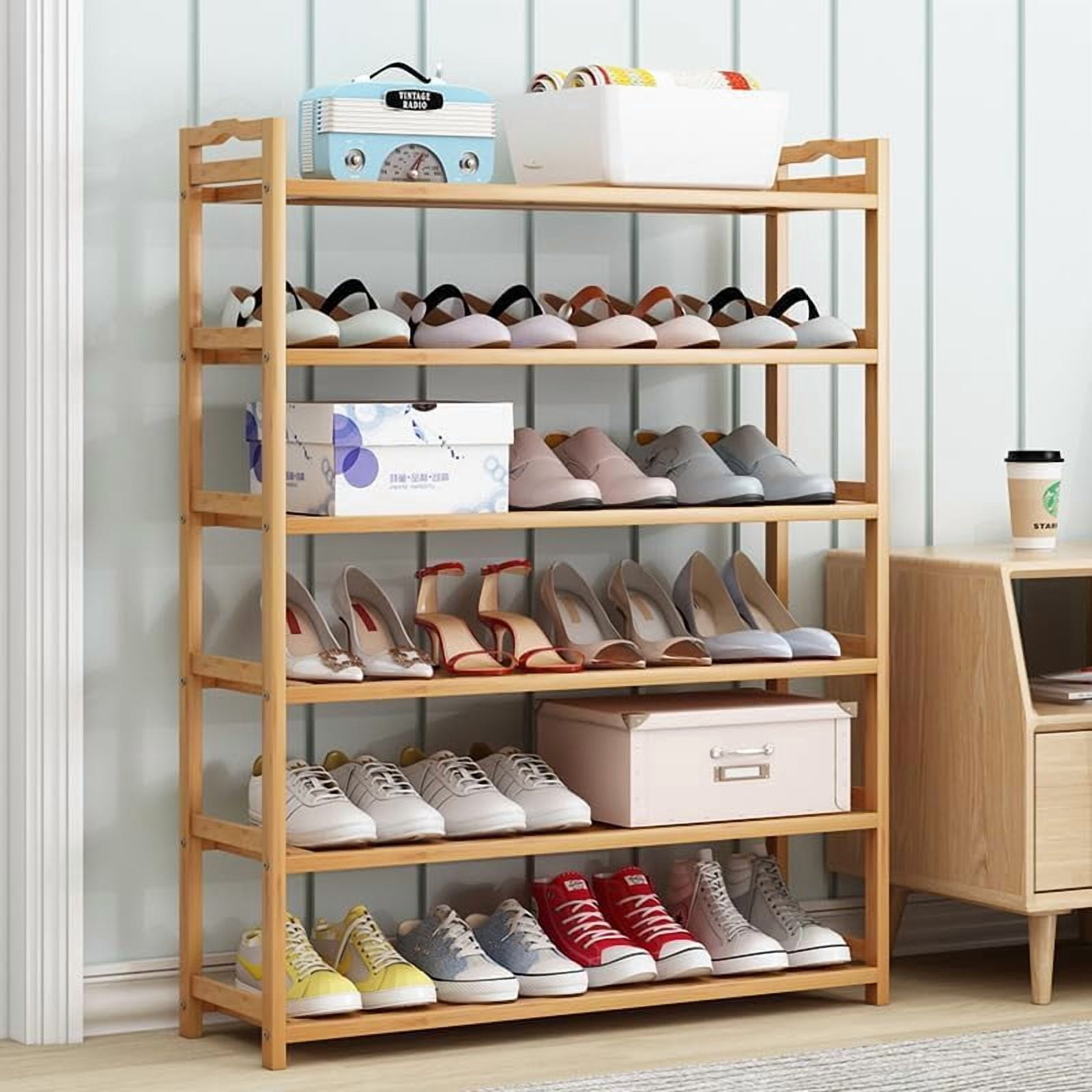 Bamboo Shoe Rack for Closet, 6 Tier Wooden Stackable Shoe Organizer, Free Standing Shoes Storage Shelf for Entryway, Front Door Entrance, Natural
