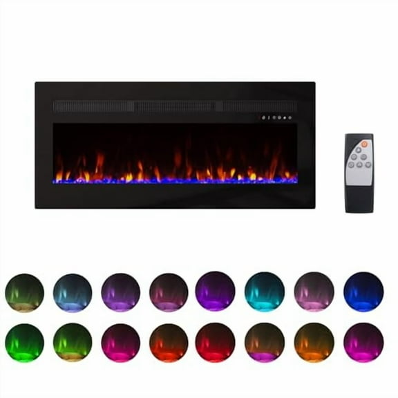 Panana Electric Fireplace Heater Wall Mounted, 50 inch Wide Recessed Electric Fireplace, 1400W, 8H Timer, 20 Color Flame, Remote Control, Log Set & Crystal