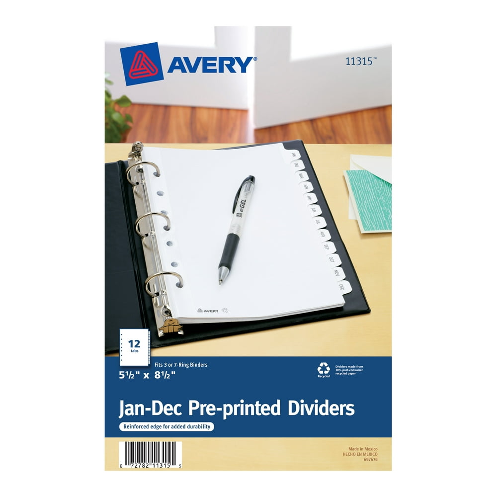 Avery Mini Preprinted Dividers, 51/2" x 81/2", 12tab Set, JanDec