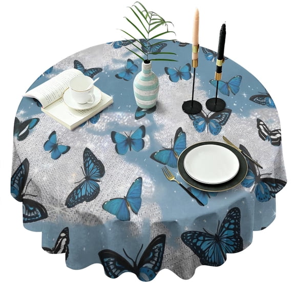 Lightblue Butterfly Sparkle Pattern Round Tablecloth 60"x60",Wrinkle Wipeable Table Cloth for Kitchen Dining Room Picnic Patio Party