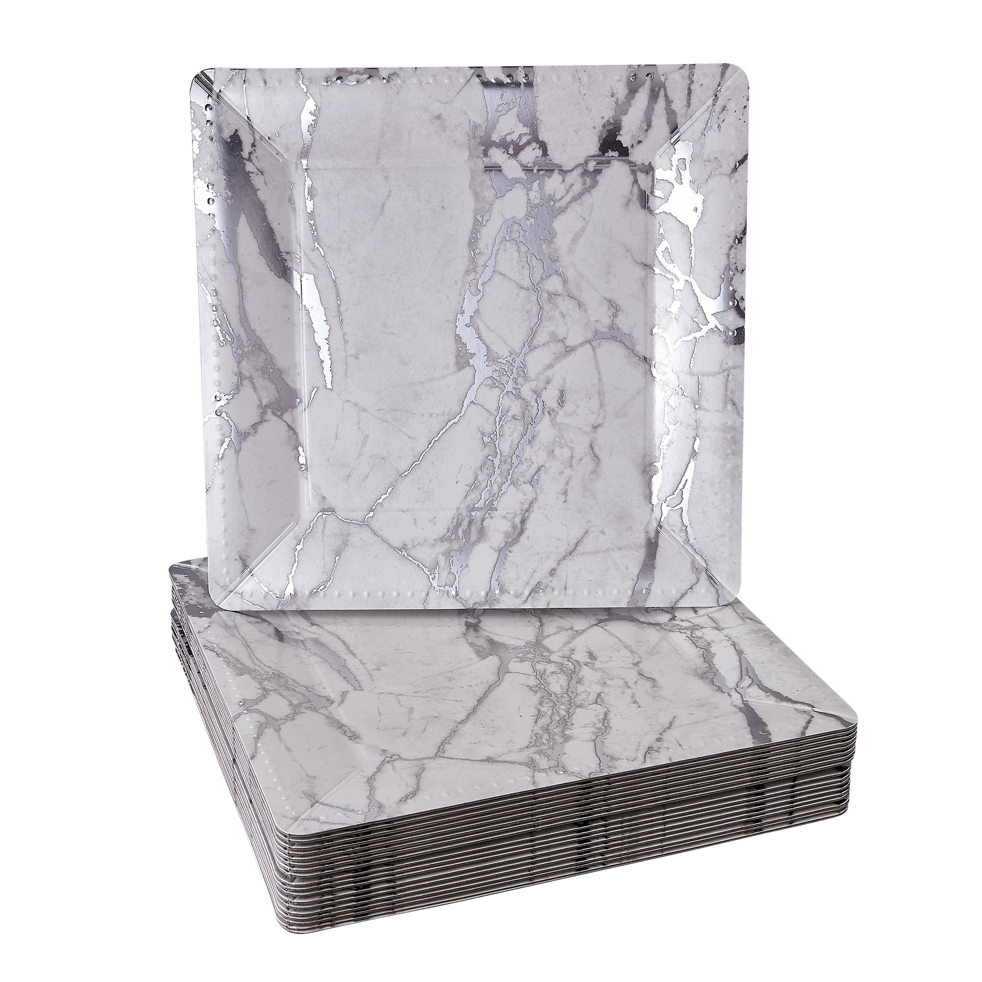 DISPOSABLE SQUARE CHARGER PLATES - 20pc (Marble - Silver)