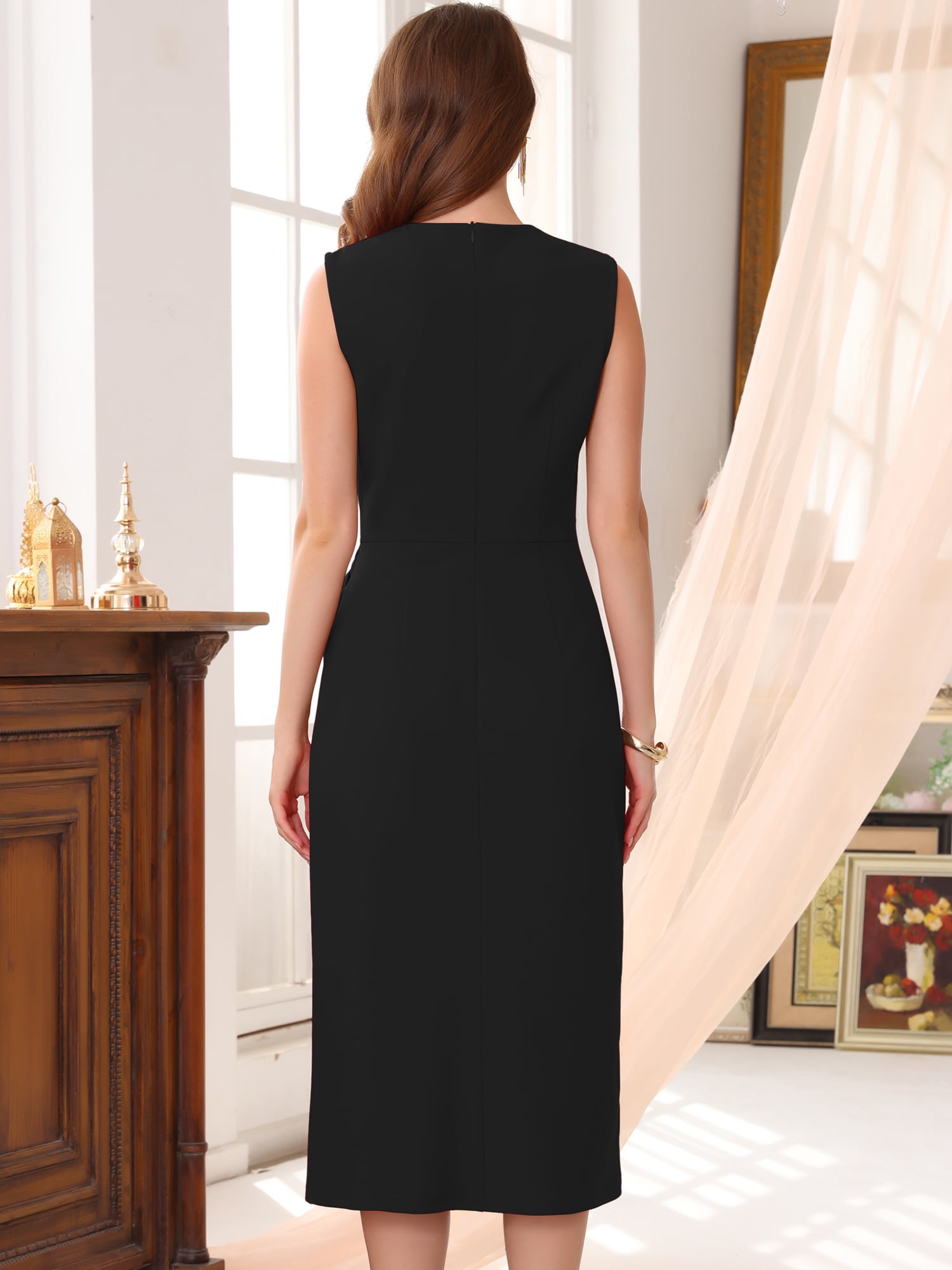 DARING DIVA Women's Front Tie Wrap Elegant Sleeveless Sheath Dress M Black
