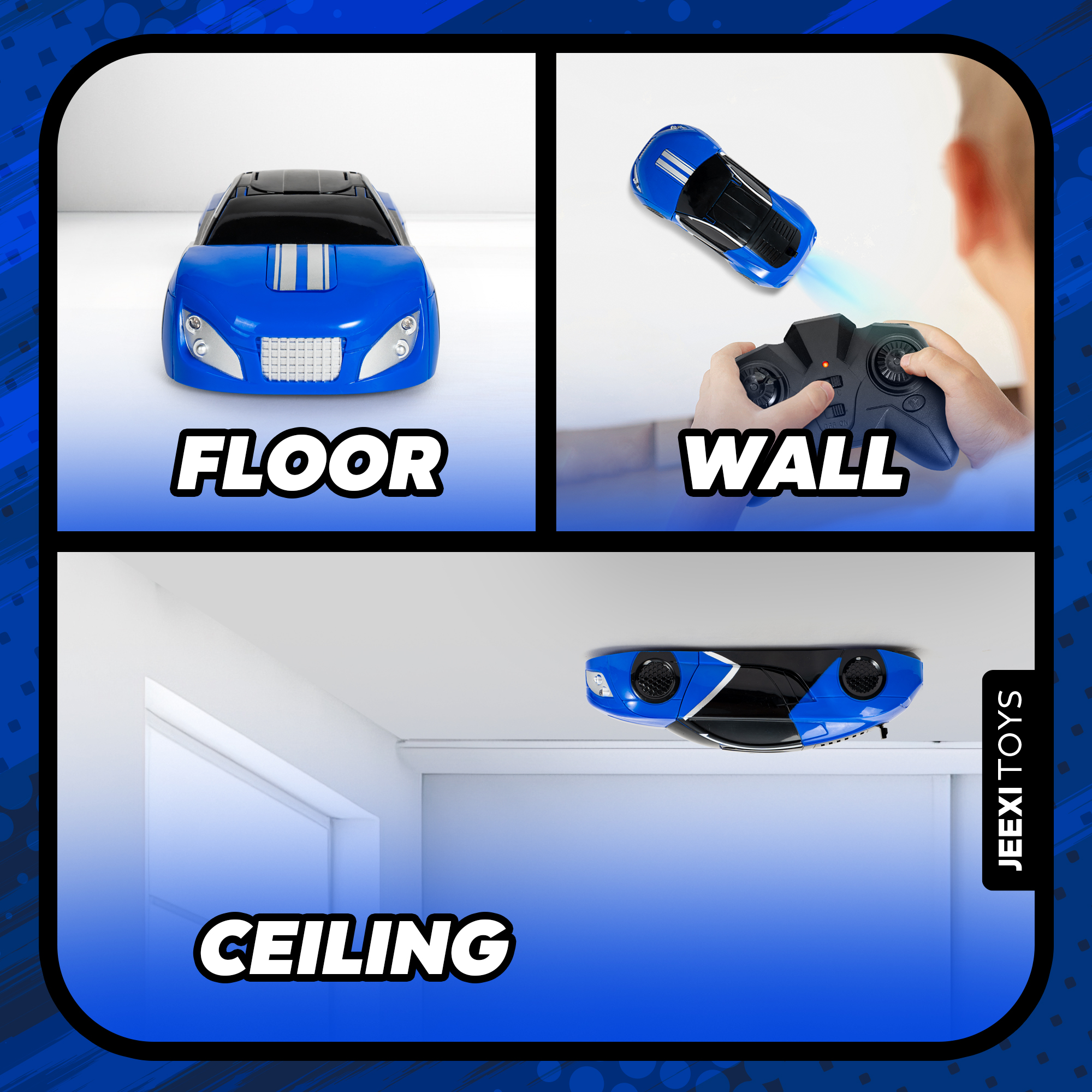 JEEXI Wall Climbing Remote Control Car - Transforming Robot RC Car Toy for Kids, Drives on Walls, Windows, Floors & Ceilings, Dual Mode for Floor & Wall, Fun Gift for Boys & Girls (Blue)