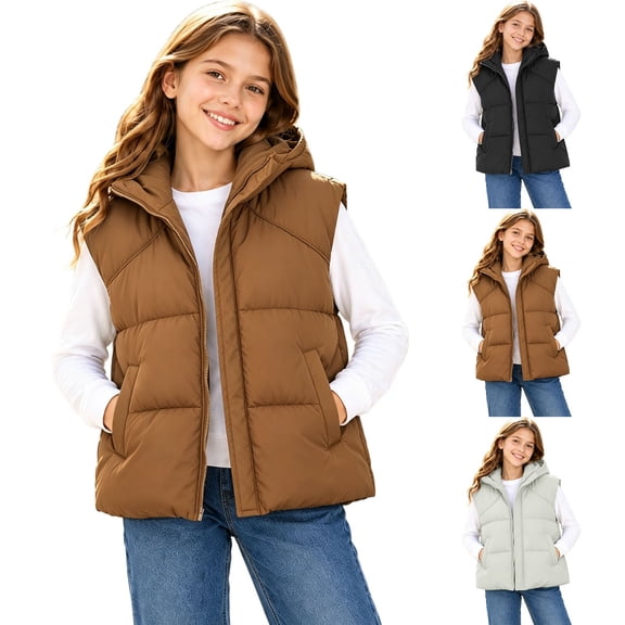 Girls Hooded Puffer Vest Thick Sleeveless Coat for Kids Winter Casual Outerwears (Khaki)