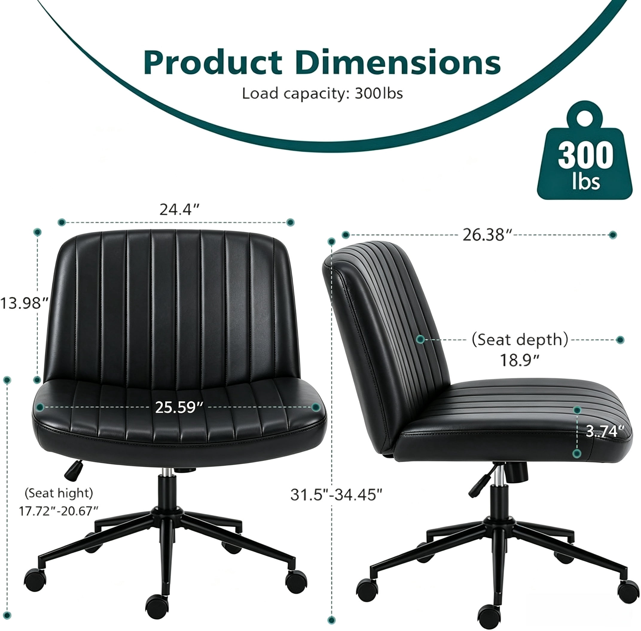 Office Desk and Vanity Chair, Armless Cross-Legged Swivel Task Chair with Wide Fabric Seat, Height Adjustment, and Replaceable Wheels or Fixed Base
