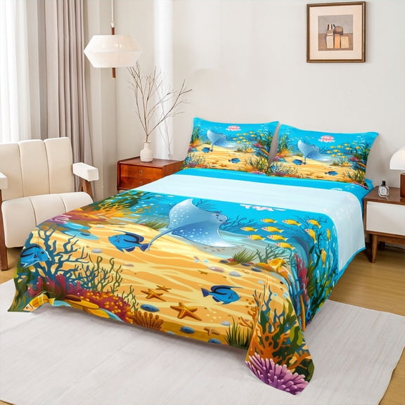 jejeloiu Cute Cartoon Stingray Bed Sheets,Watercolor Coral Fish Full Size Sheets For Boys,Bright Turquoise,4pcs,1 Flat Sheet, 1 Fitted Sheet and 2 Pillowcases