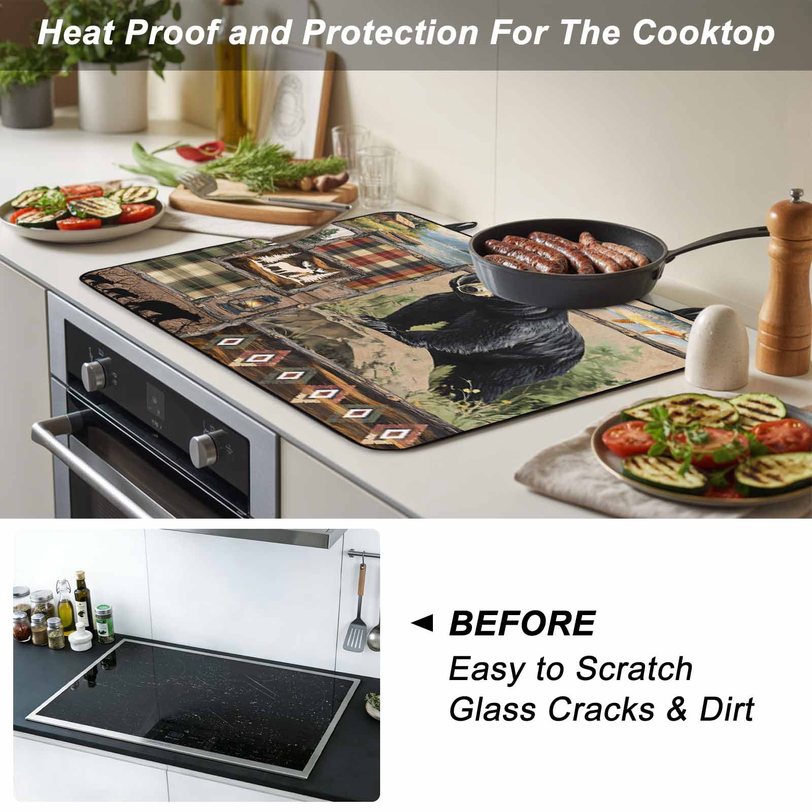 Vintage Black Bears Stove Top Cover for Electric Stove, Heat-proof & Non Slip Glass Top Stove Cover Protector, Abstract Country Plaid Fish Retro Kitchen Flat Cooktop Rubber Mat 24x21 Inches