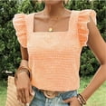 thumbnail image 4 of Summer Trendy Tops Women Ruffled Fly Sleeve Square Neck Plaid Shirt Dressy Casual Tank Top Blouses Sleeveless (M, Orange), 4 of 5