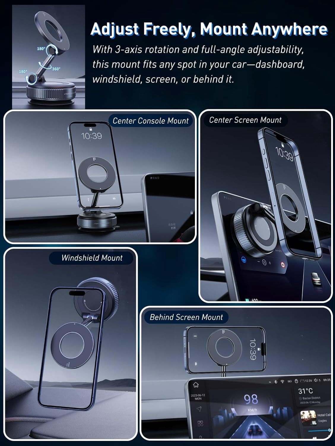 Magnetic Suction Cup Phone Mount for Magsafe, 360° Adjustable Magnetic Car Phone Holder, Pocket Size Foldable Car Mount, Cell Phone Holders for Your Car for iPhone 17 16 15 14 13 12 Series