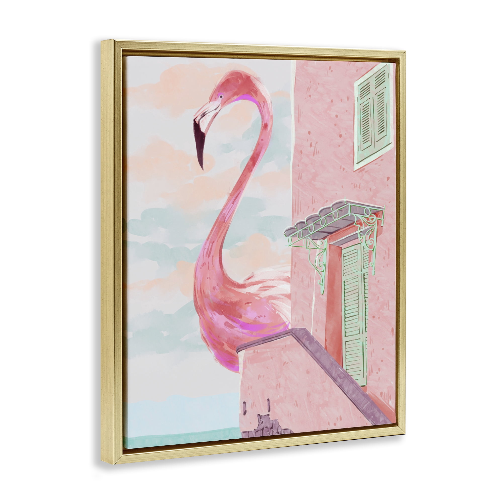 Stupell Industries Giant Flamingo with Seaside Balcony Gold Framed Floater Canvas Wall Art, design by Ziwei Li