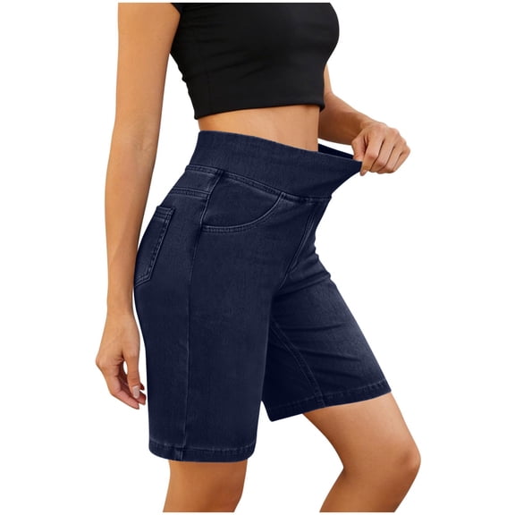 Bermuda Jean Shorts Women Tummy Control High Waisted Stretchy Pull On Denim Shorts Knee Length Jean Shorts with Pockets, M