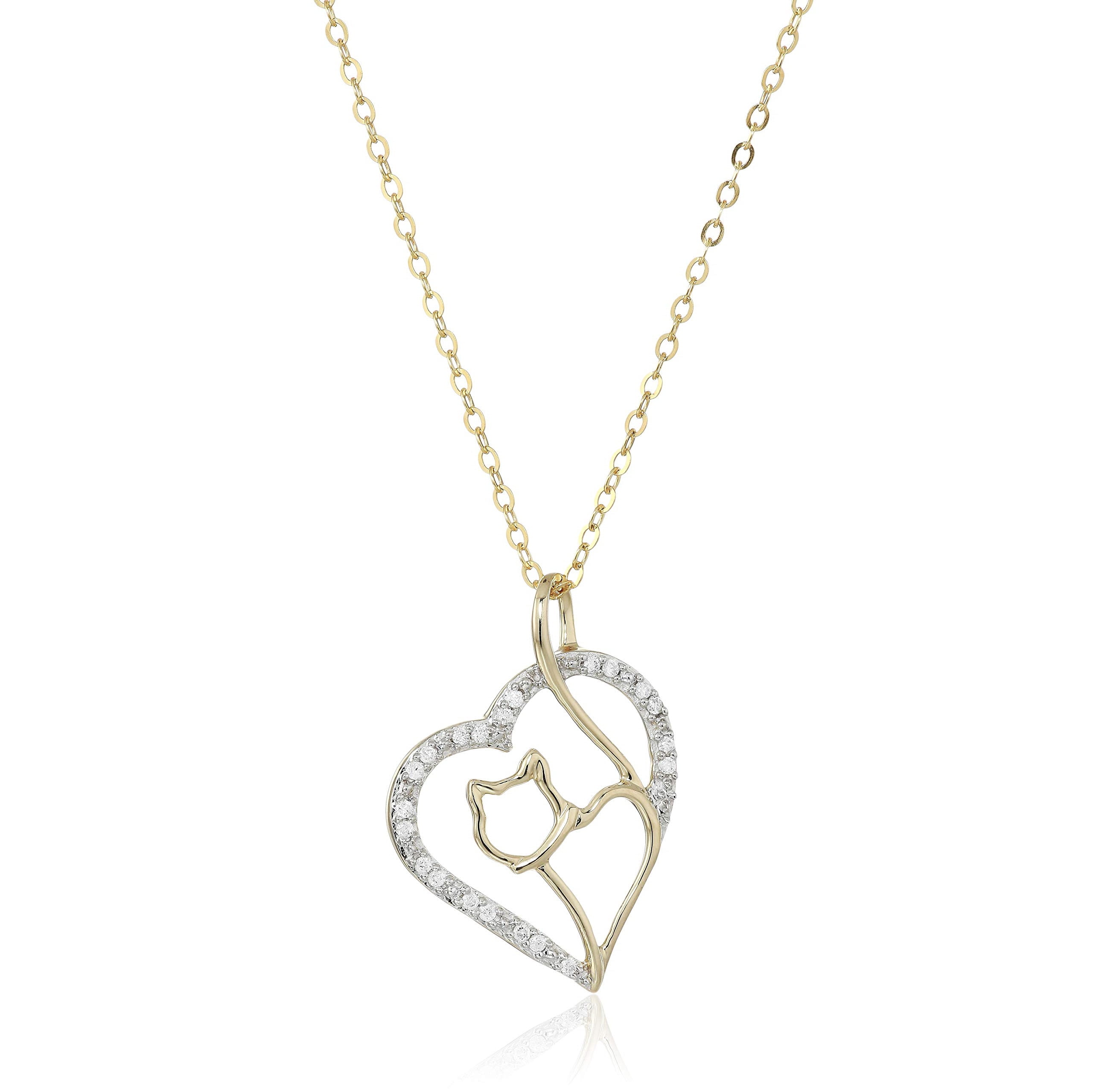 Vir Jewels 1/10 cttw Diamond Pendant, Diamond Cat and Heart Pendant Necklace for Women in 14K Gold with 18 Inch Chain, Prong Setting For Female Adult
