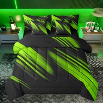Homewish Geometric Lines Print 7 Pieces Bedding Comforter Set,Stripes Pattern Full Bedding Set,Green Black Fitted Sheet Flat Sheet For Teens,Luxury Bedroom Decor Reversible