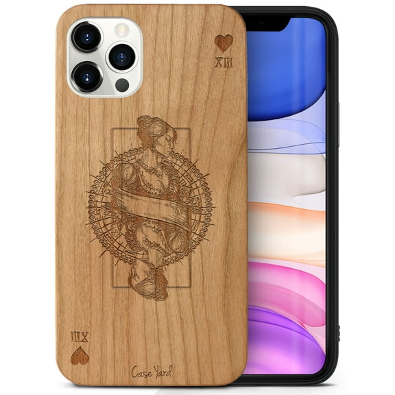 Case Yard Wooden Case Outside Soft TPU Silicone Slim Fit Shockproof Wood Protective Phone Cover for Girls Boys Men and Women Supports Wireless Charging Queen of Hearts Design case for iPhone-12/12-Pro