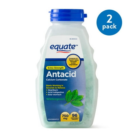 Extra Strength Chewable (2 Pack) Equate Extra Strength Antacid Chewable Wintergreen Tablets, 750 mg, 96 Ct ()