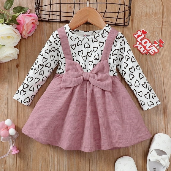 PatPat Baby Girl Allover Heart Print Bow Front Long-sleeve Spliced Dress
