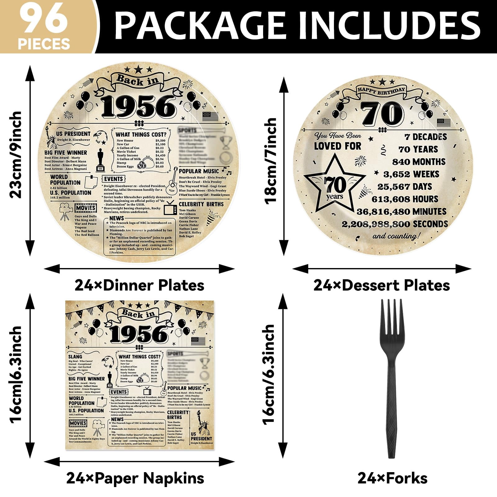 CHUNNIN 96Pcs 70th Birthday Plates and Napkins Back Party Decorations Vintage 70 Year Old Party Dessert Plates Birthday Tableware for 24 Guests 70th Theme Men Woman Bday Parties Supplies Y114