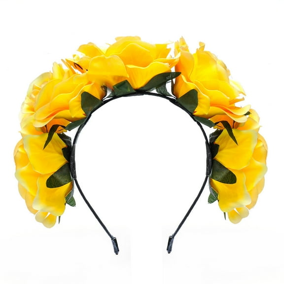 ERDOUY Mexican Flower Crown Day of the Dead Headdress Hawaiian Boho Frida Floral Headband (Yellow)