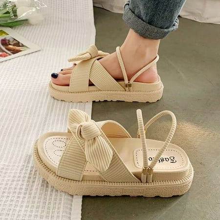 

CoCopeaunt Thick-soled Sandals Womens Summer New Fairy Style Outer Wear Bow Beach Slippers Korean Version of the Word Buckle Sandals