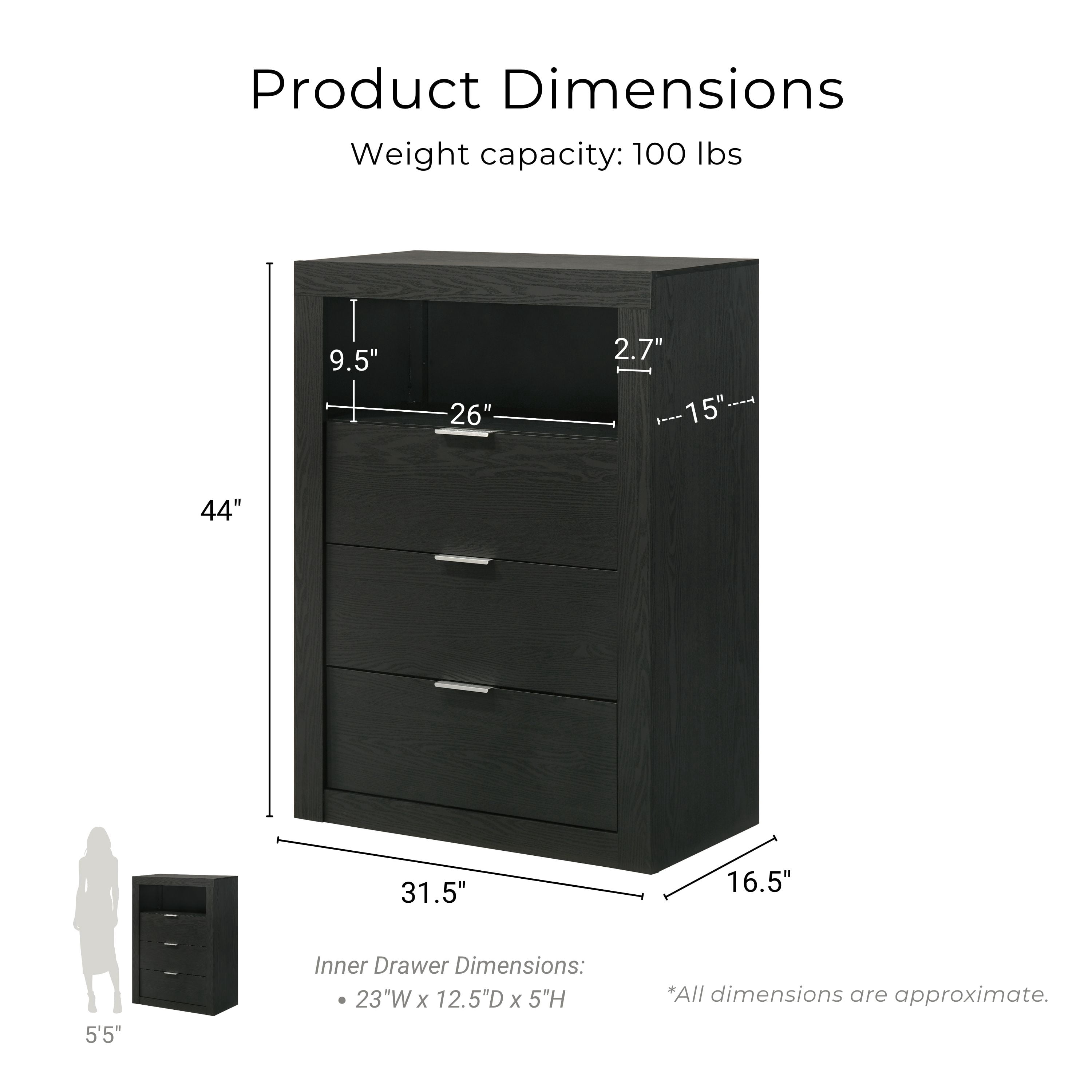 Furniture of America Talia Modern Solid Wood 3-Drawer Tall Dresser with Open Shelf, Black