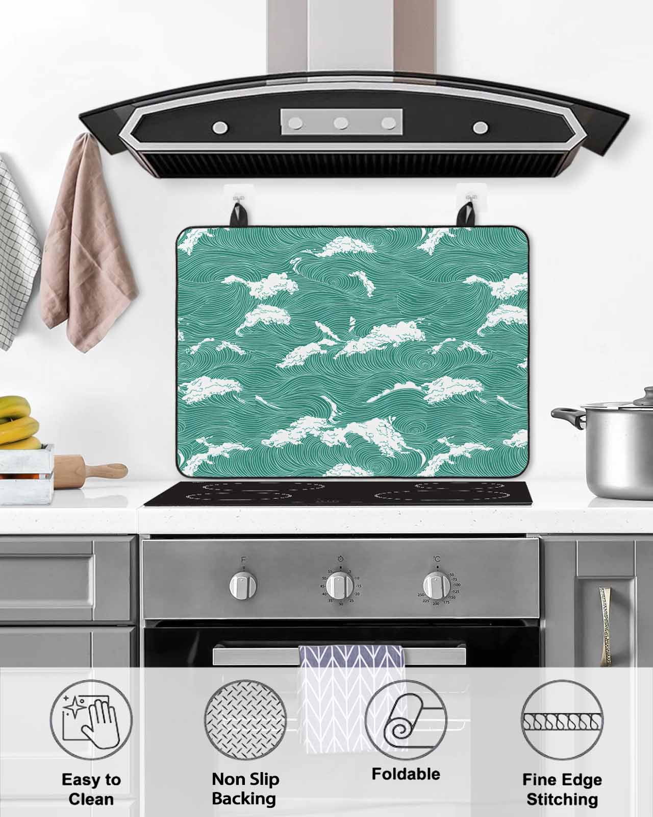 nqOlkjepod Large Induction Cooktop Protector Mat 24"x21", Green White Ocean Waves Stove Top Covers for Electric Stove, Coastal Abstract Art Moire Stove Burner Cover Mats, Glass Top Stove Cover