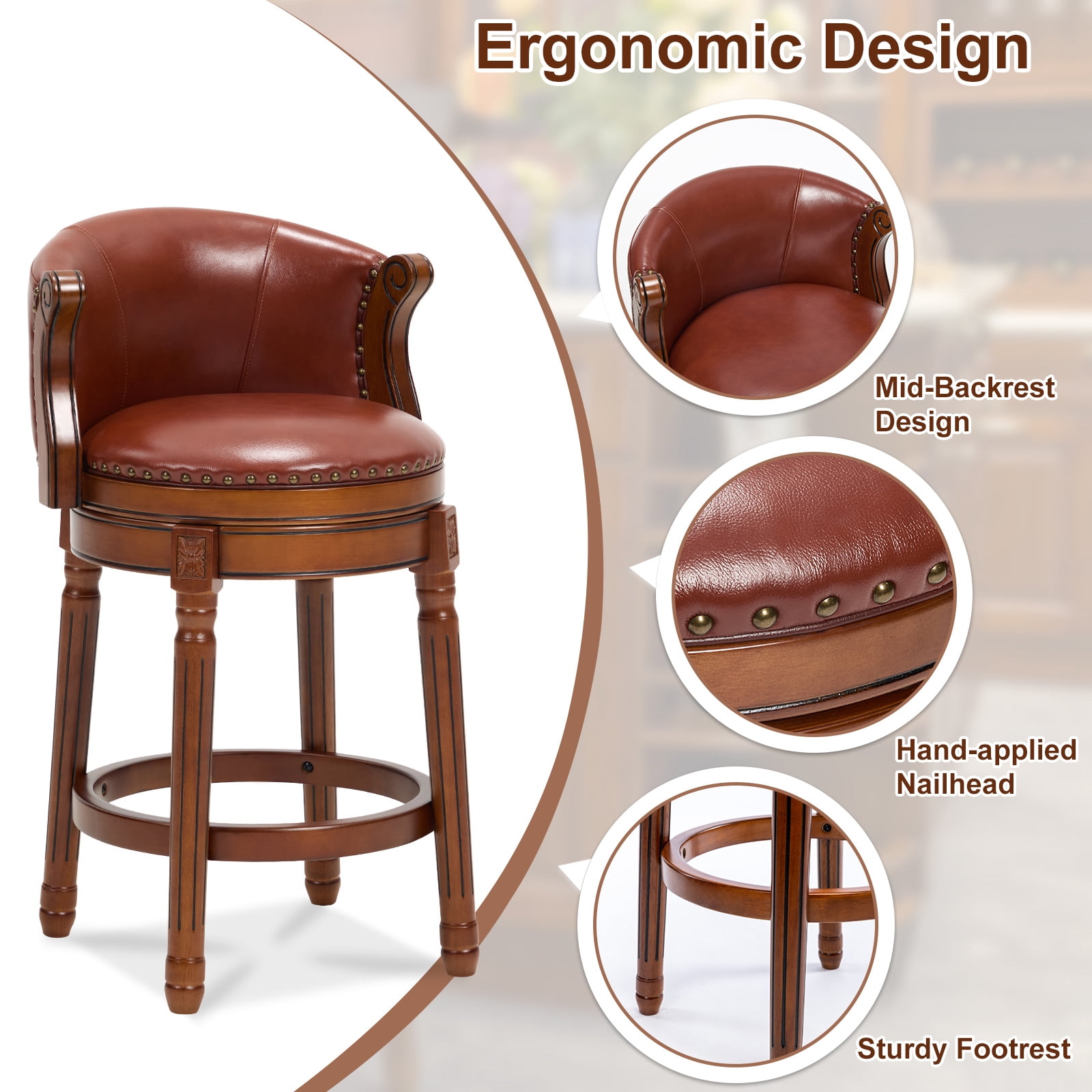 Aulife set of 2 Bar Stools Genuine Leather Counter Height barstool Wooden Swivel kitchen Stool with Footrest for Kitchen Dining Room Brown