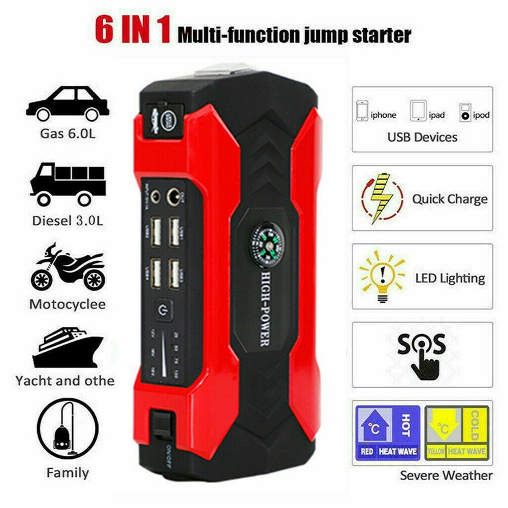 Multi-functional Car Battery Jump Starter 99800mAh Portable Charger Power  Bank for Cell Phone, 4 USB Ports, LED Flashlight, Emergency 12V Auto Jump  Starter Power Pack USA 
