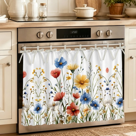Oven Skirt Curtain for Kitchen 20x27 Inch, Red Blue Yellow Spring Floral Oven Curtain with 8 Ribbon Ties & Ruffle Trim, Stove Skirt Curtain Dishwasher for Cabinets Sinks Blooming Summer Botanical